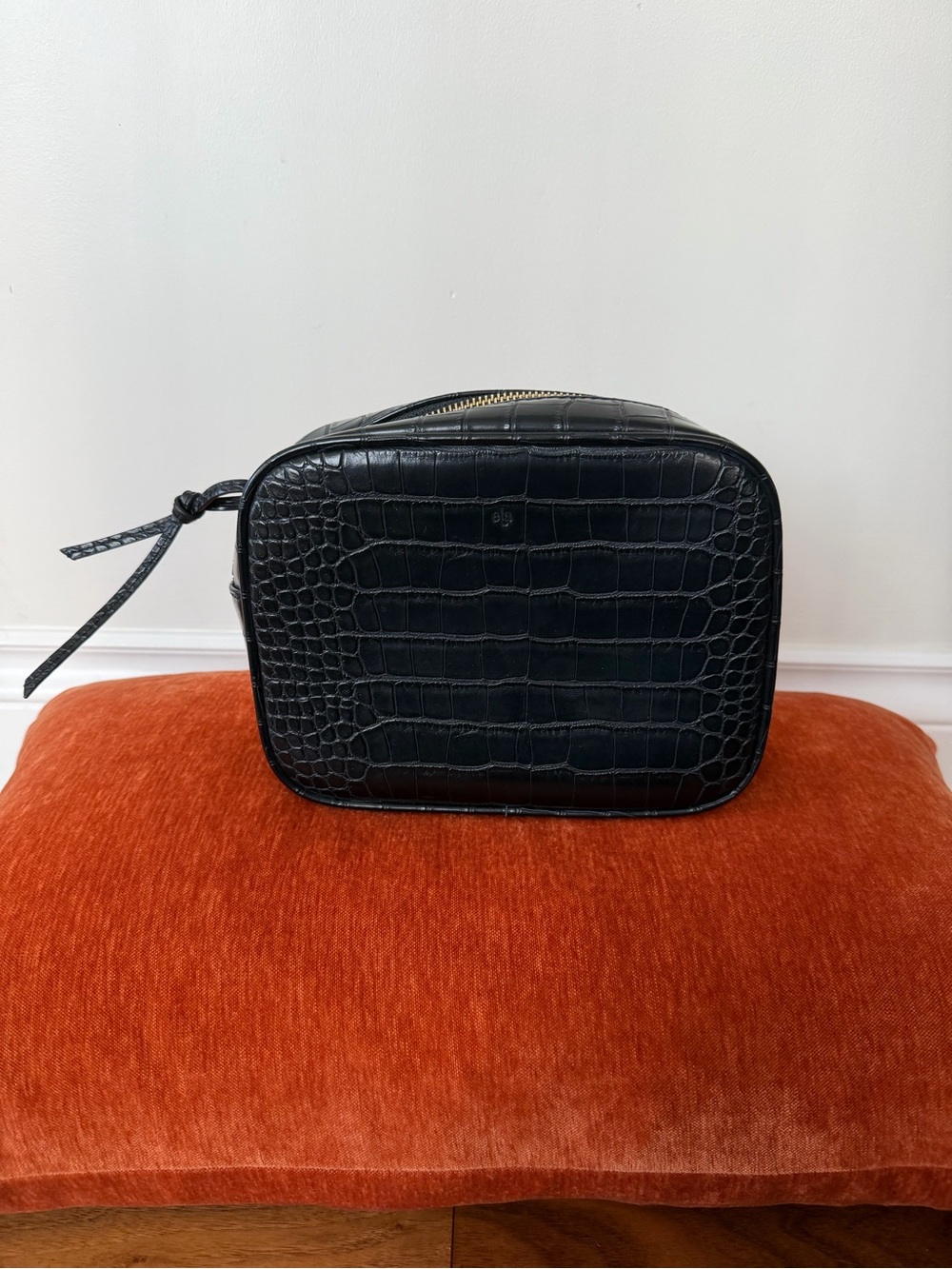 Textured Black Croc-Embossed Leather Crossbody Bag